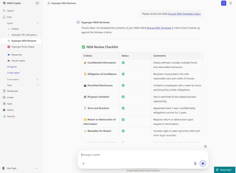 Example AI agent for NDA document review built during the accelerator program