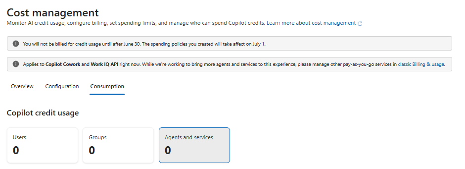 Copilot Cost Management Consumption tab, Users view showing per-user credit limit and usage