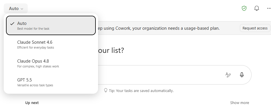 Copilot Cowork model picker showing the available models and their descriptions