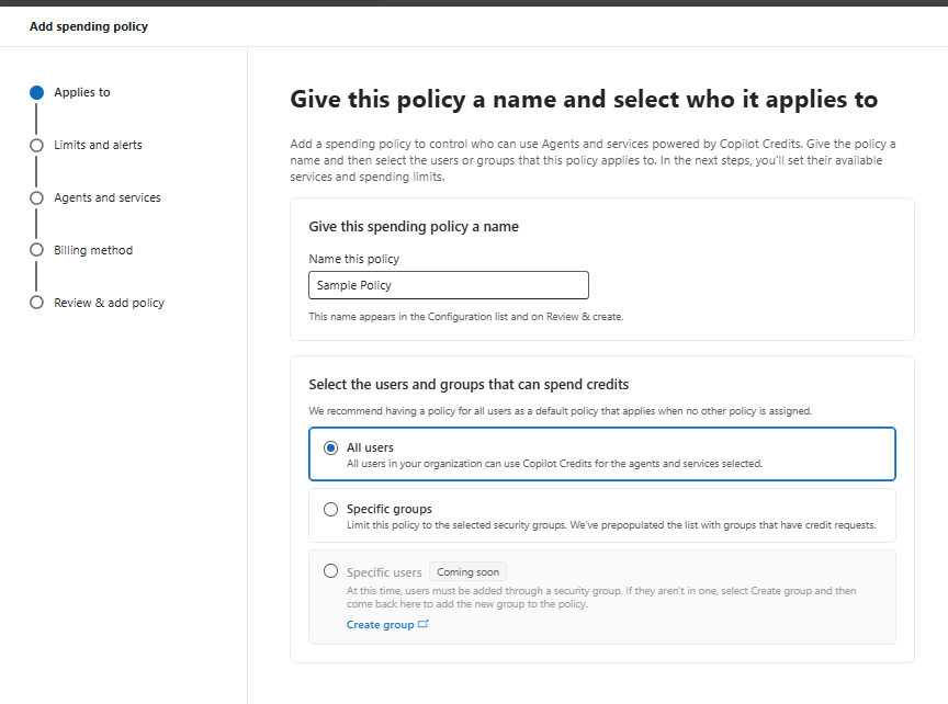 Spending policy scope step showing All users versus Specific groups