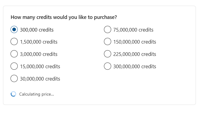 Prepaid Credits option showing the price for the selected number of Copilot Credits