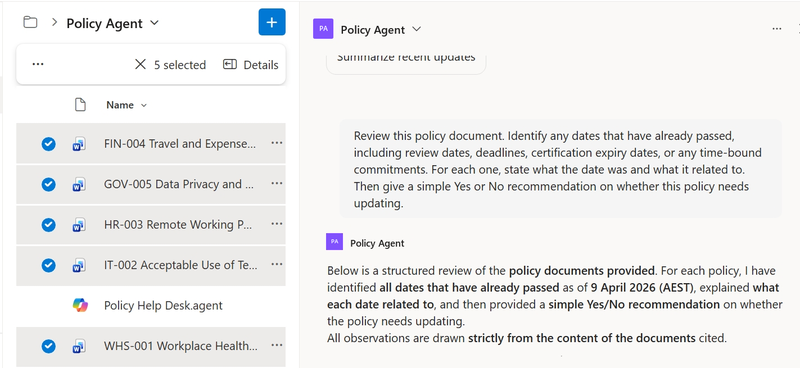 A SharePoint AI column checking policy documents for expired review dates and returning a structured answer against each file