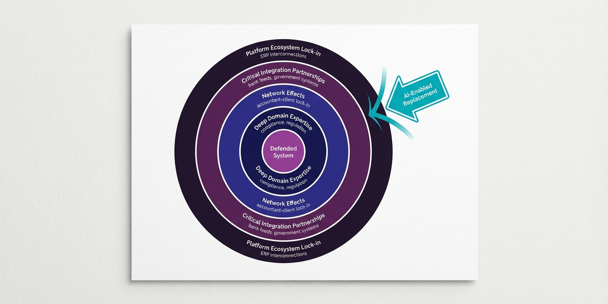 Four types of software defensibility including domain expertise, network effects, partnerships, and lock-in