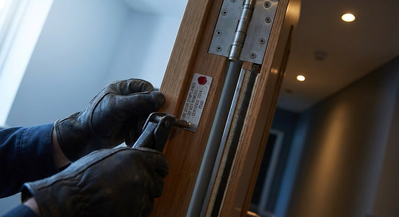 Gloved hands checking a fire door compliance tag during an inspection, representing regulatory compliance work