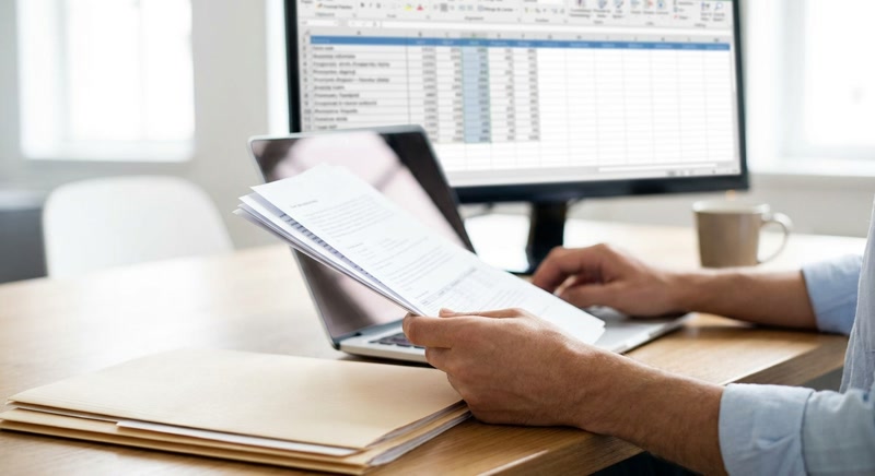 Reviewing a loan application document alongside financial data on screen