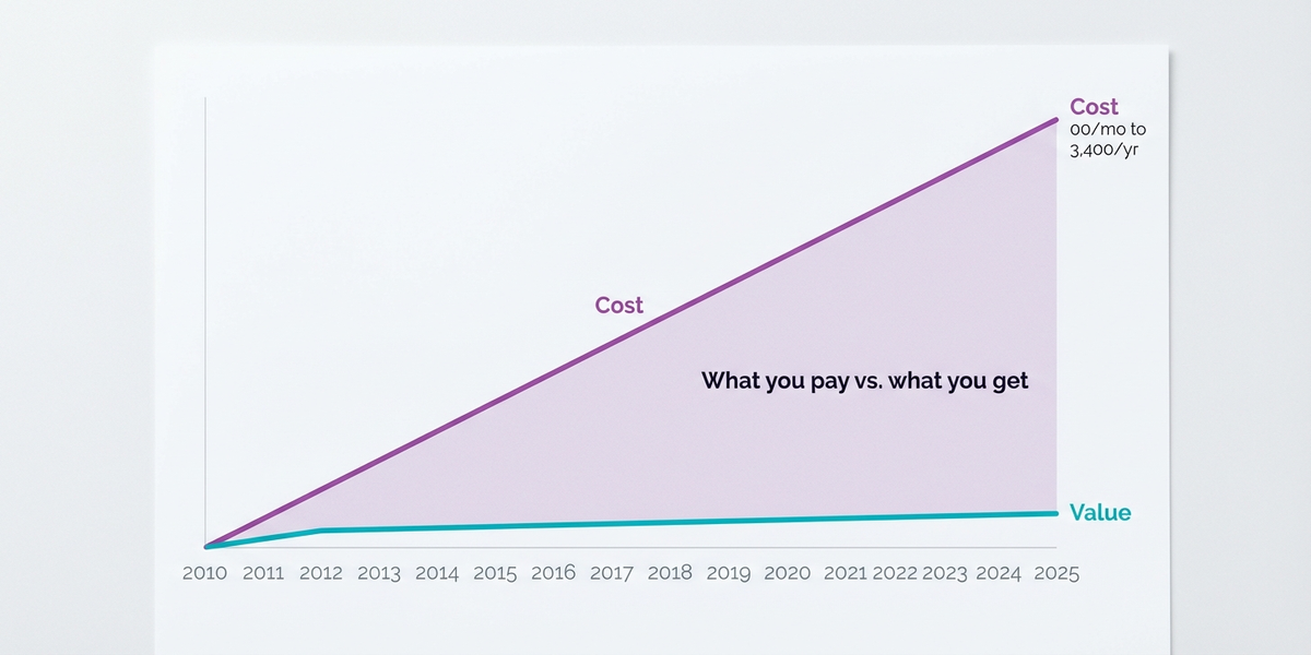 Chart showing SaaS costs rising over time while value delivered remains relatively flat
