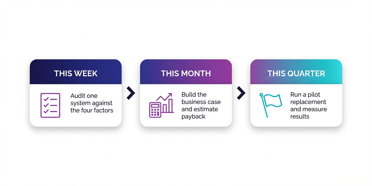 Three-phase action plan for SaaS replacement covering this week, this month, and this quarter